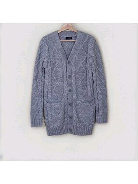 Zara Cable Knit Grandpa Cardigan Mens M Gray LS Button Pockets Academia Cottage